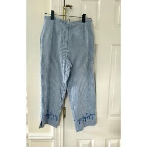 Vintage Y2K 90s Capri Pedal Pusher Blue Gingham Embroidered Bow Cropped Pants